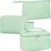 Makeup Bag 3 Pcs Cosmetic Bags Set, PU Striped Leather Toiletry Bag, Portable Waterproof Travel Makeup Organizer, Cute Make up Bags for Women and Girls (Light Green)