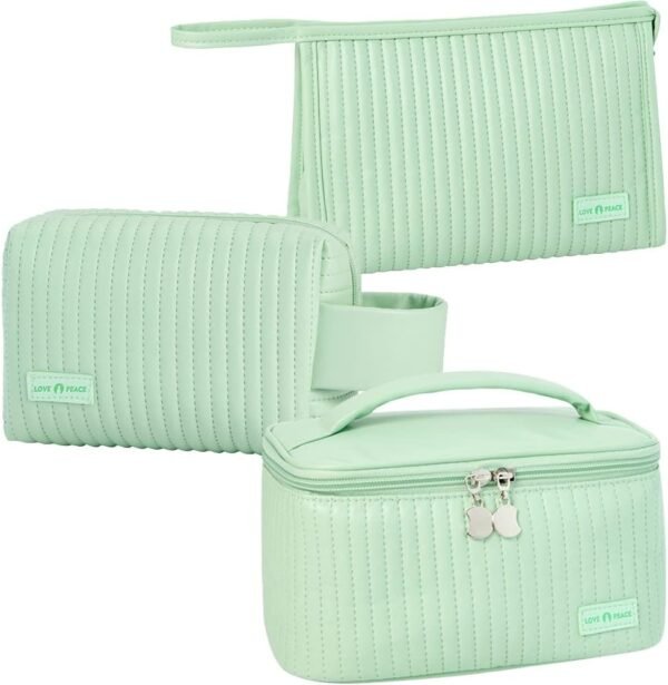 Makeup Bag 3 Pcs Cosmetic Bags Set, PU Striped Leather Toiletry Bag, Portable Waterproof Travel Makeup Organizer, Cute Make up Bags for Women and Girls (Light Green)