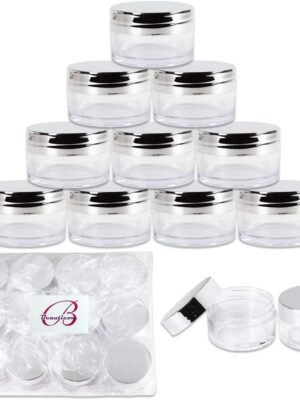 Beauticom 20g/20ml USA Acrylic Round Clear Jars with Lids for Lip Balms, Creams, Make Up, Cosmetics, Samples, Ointments and other Beauty Products (12 Pieces, Silver Lid (Flat Top))