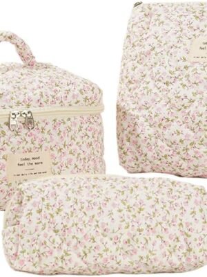 Quilted Makeup Bag Set, Cute Makeup Bag, Cotton Floral Makeup Bag Set, Aesthetic Coquette Toiletrybag, for Travel Toiletry (pink floral)