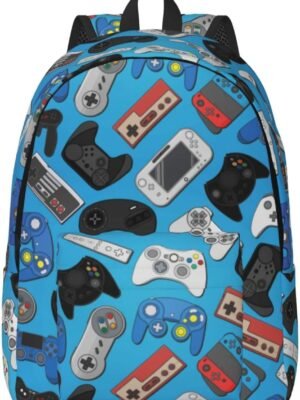 Video Game Controller Blue Background Backpack 15.7 Inch Laptop Backpack Travel Hiking Daypack Multipurpose Book Bag For Men Women Teens Boys Girls