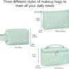 Makeup Bag 3 Pcs Cosmetic Bags Set, PU Striped Leather Toiletry Bag, Portable Waterproof Travel Makeup Organizer, Cute Make up Bags for Women and Girls (Light Green)