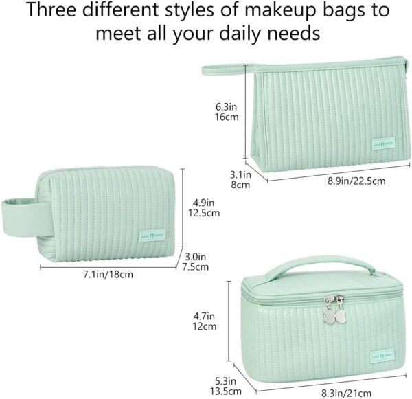 Makeup Bag 3 Pcs Cosmetic Bags Set, PU Striped Leather Toiletry Bag, Portable Waterproof Travel Makeup Organizer, Cute Make up Bags for Women and Girls (Light Green)