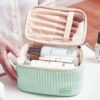 Makeup Bag 3 Pcs Cosmetic Bags Set, PU Striped Leather Toiletry Bag, Portable Waterproof Travel Makeup Organizer, Cute Make up Bags for Women and Girls (Light Green)
