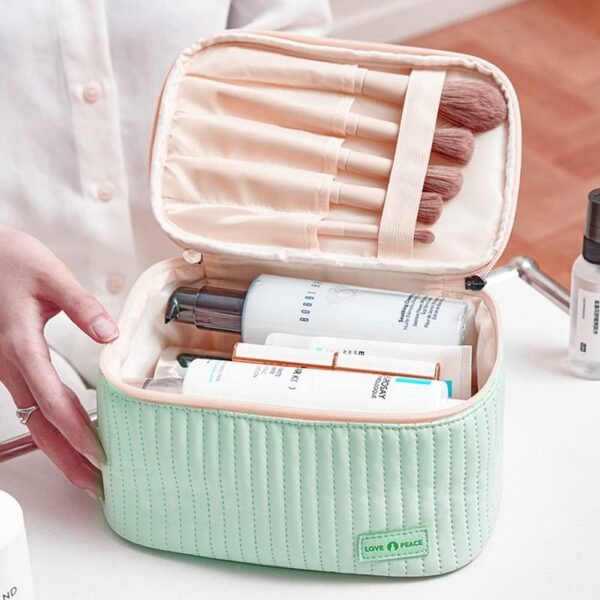 Makeup Bag 3 Pcs Cosmetic Bags Set, PU Striped Leather Toiletry Bag, Portable Waterproof Travel Makeup Organizer, Cute Make up Bags for Women and Girls (Light Green)