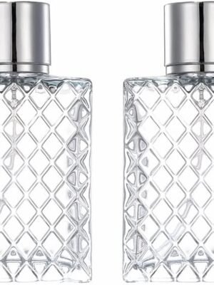 2 Pack 100ml Glass Perfume Atomizer,Square Lattice Perfume Spray Bottle with Silver Aluminum Sprayer,Portable Fragrance Fine Mist Spray Bottle for Travel