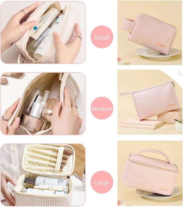 Makeup Bag 3 Pcs Cosmetic Bags Set, PU Striped Leather Toiletry Bag, Portable Waterproof Travel Makeup Organizer, Cute Make up Bags for Women and Girls (Light Green)