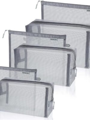 SUPACOOL Set of 6 Grey Travel Mesh Cosmetic Makeup Organizer Portable Bags with Zipper diaper bag organizing pouches Nylon toiletries Bag For Women and Men Gray 6pcs (S/M/L) (GREY（6pcs）)
