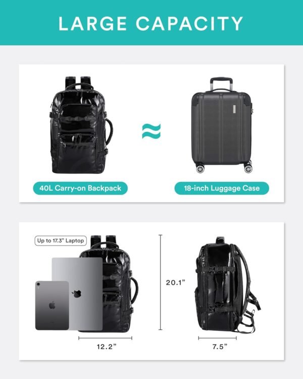 Travel Backpack for Women Men, 40L Carry on Luggage, Airline Approved Carry On Backpack Flight Approved, Waterproof 17 Inch Laptop Backpack, Business Weekender Hiking Backpack, BLACK