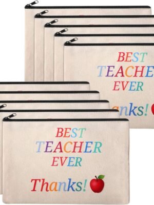 10 Pieces Teacher Gift Bags Makeup Bag Teacher Survival Kit Cosmetic Travel Carrying Case Canvas Pouch Stationery Toiletry Bag with Zipper for Teacher Appreciation Gift Classroom(Best Teacher Ever)