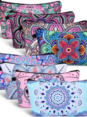 8 Pieces Cosmetic Bag Makeup Bag Waterproof Travel Toiletry Pouch Bag with Mandala Flowers Design, 8 Styles (Round Mandala Flowers)