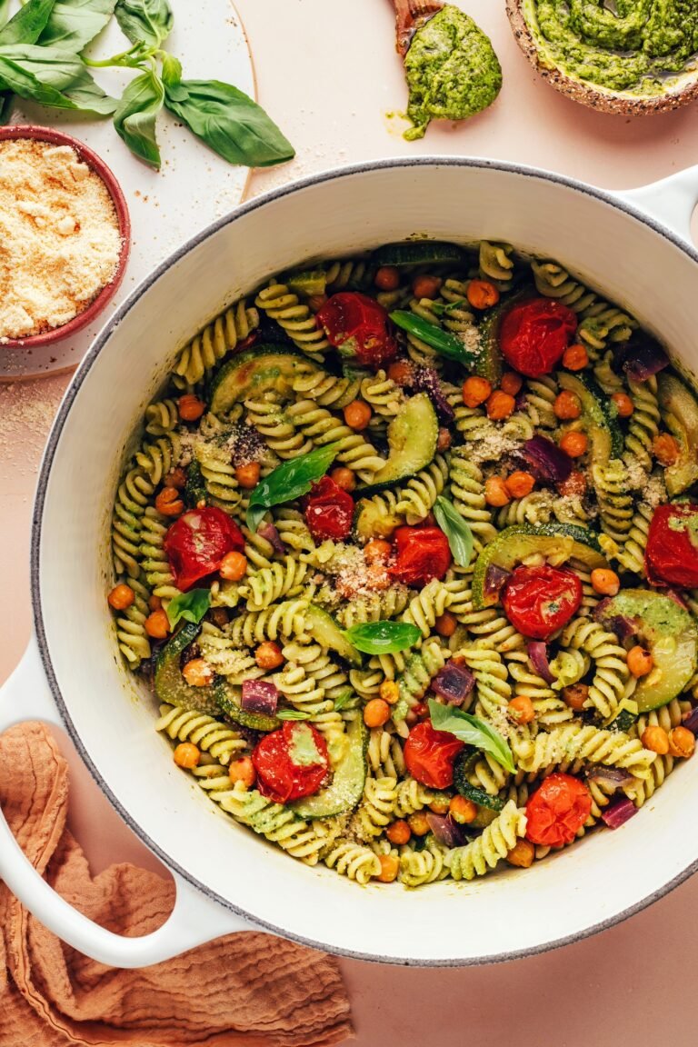 Zucchini Pesto Pasta with Tomatoes & Chickpeas